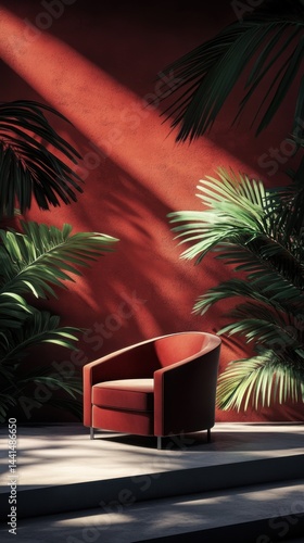 Obraz na płótnie Elegant terracotta armchair bathed in sunlight against a textured wall with lush palm fronds creating a tropical modern interior design aesthetic w salonie