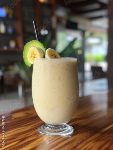 Obraz na płótnie Creamy banana avocado smoothie on wooden table in restaurant setting providing healthy refreshing beverage and tropical vacation vibes with blurred background and natural light w salonie