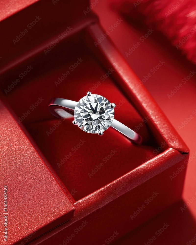 Elegant diamond solitaire ring in red gift box captures romance and celebration with a luxurious and timeless symbol of love and commitment in a close up shot