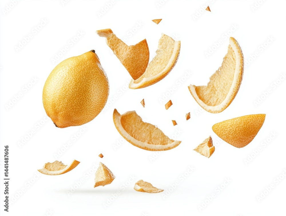 Exploding Lemon Freshness Citrus Burst Floating Slices on White Background Studio Shot Abstract Composition Healthy Eating Vibrant Colors Creative Food Photography