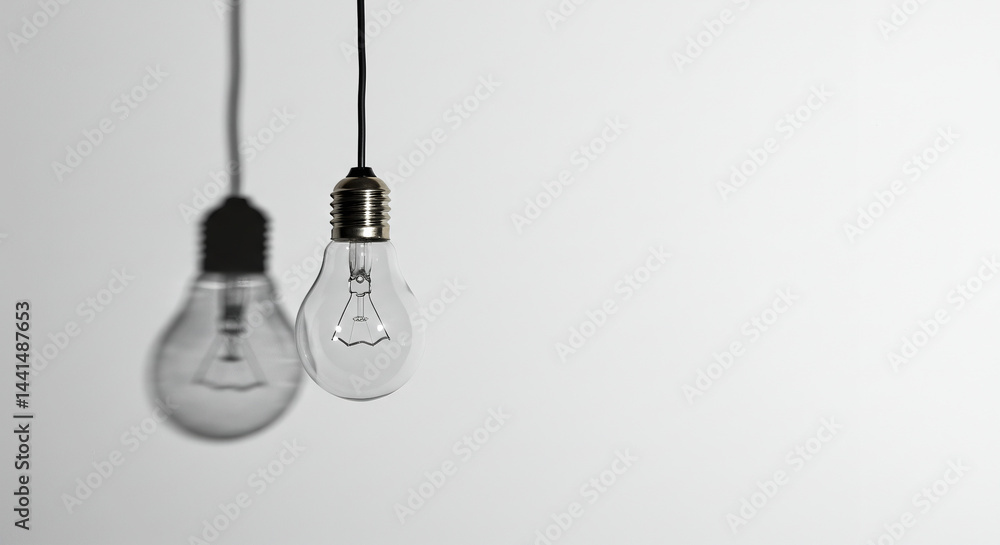A Lit Incandescent Light Bulb Hanging Beside a Darkened One Symbolizing Power Outage and Light Restoration. A Lit Incandescent Light Bulb Hanging Beside a Darkened One Symbolizing Power Outage and Light Restoration.