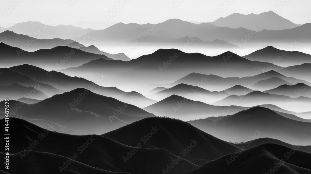 Serene grayscale vista of misty mountain ranges receding into the distance creating depth and atmospheric perspective in a minimalist style landscape nature photography