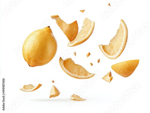 Obraz na płótnie Exploding Lemon Freshness Citrus Burst Floating Slices on White Background Studio Shot Abstract Composition Healthy Eating Vibrant Colors Creative Food Photography w salonie