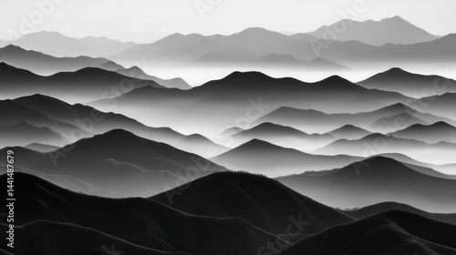 Obraz na płótnie Serene grayscale vista of misty mountain ranges receding into the distance creating depth and atmospheric perspective in a minimalist style landscape nature photography w salonie