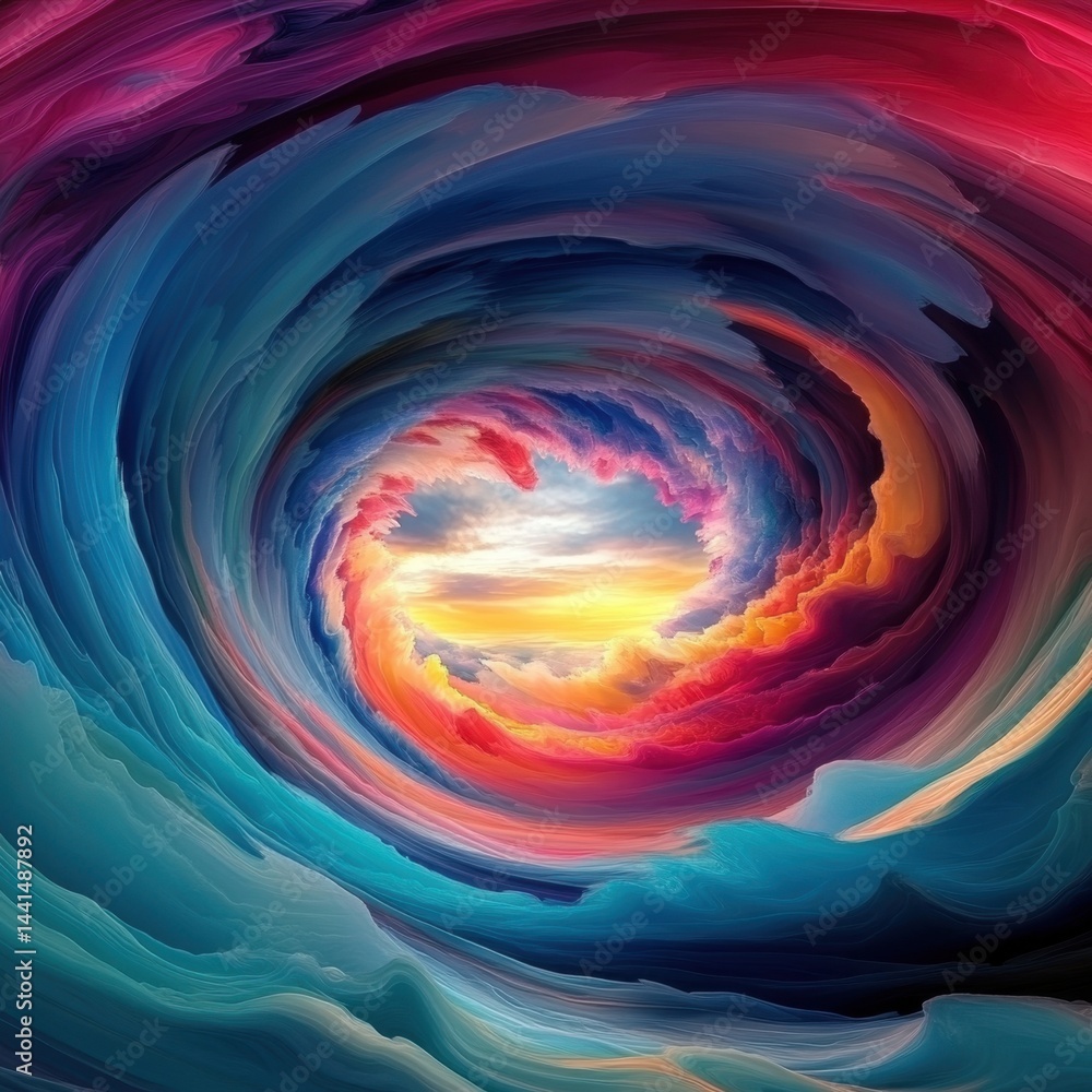 Mesmerizing vortex of vibrant colors swirling into a celestial gateway abstract digital artwork evoking wonder and imagination against a serene sky background
