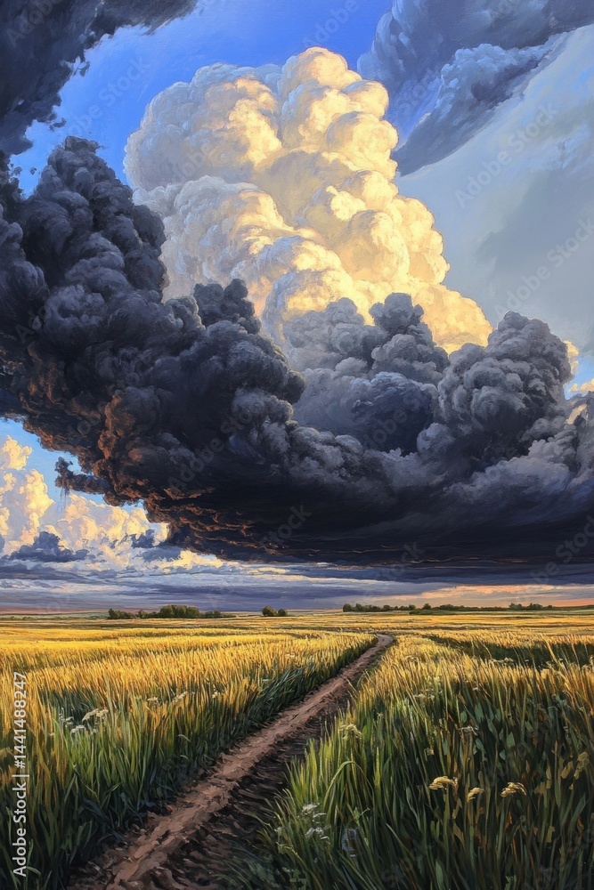 Dramatic skyscape over golden field with path leading to horizon capturing nature's power and beauty with light and shadow interplay in artistic style