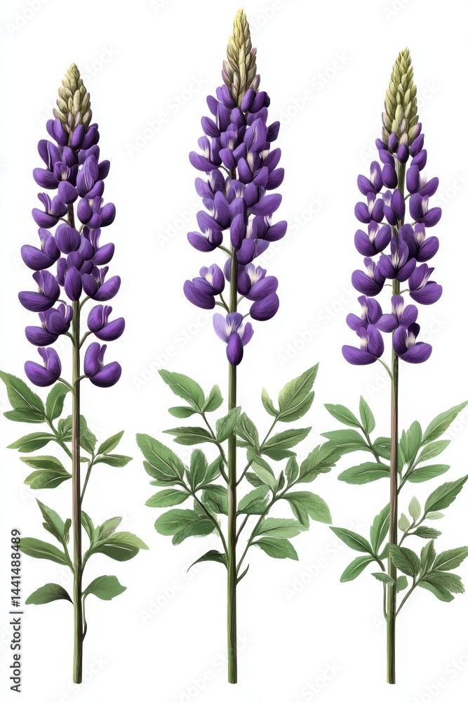 Three elegant lupine flower stalks in full bloom vivid purple petals green leaves against a clean white background botanical illustration style