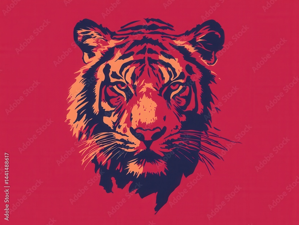Striking tiger portrait in bold colors against a red backdrop creating a visually captivating and fierce animal illustration with a modern artistic flair and graphic design