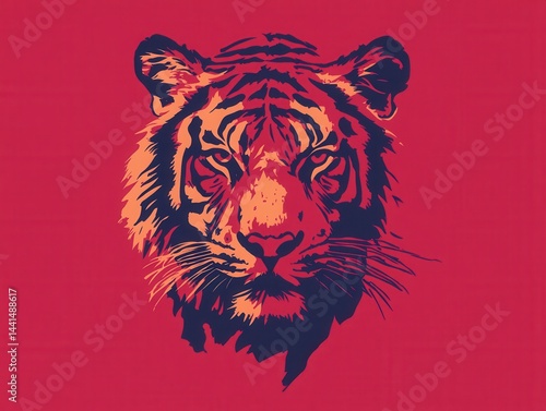 Obraz na płótnie Striking tiger portrait in bold colors against a red backdrop creating a visually captivating and fierce animal illustration with a modern artistic flair and graphic design w salonie