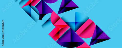 Abstract geometric shapes overlap, creating vibrant color contrasts against bright blue background. Modern design elements present dynamic composition.