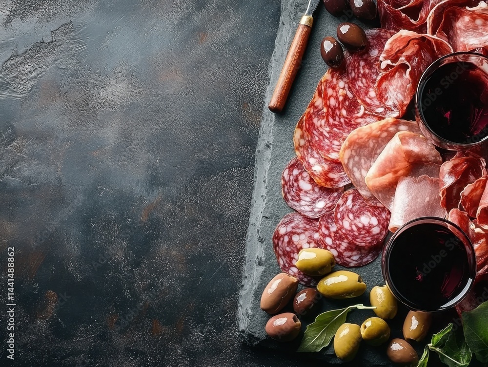 Appetizing charcuterie board with salami olives and red wine on dark stone background perfect for gourmet food photography and culinary stock images with elegant presentation