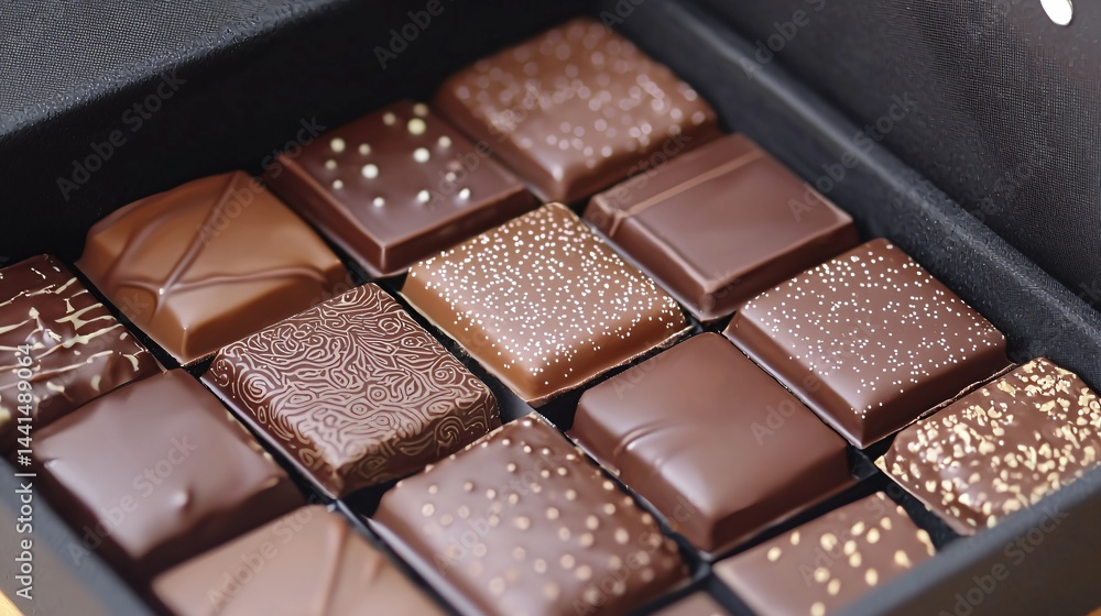 Gourmet chocolate box open showing rich textures and colors of delicious assorted chocolates with elegant presentation and tempting appeal Gourmet chocolate box open showing rich textures and colors of delicious assorted chocolates with elegant presentation and tempting appeal