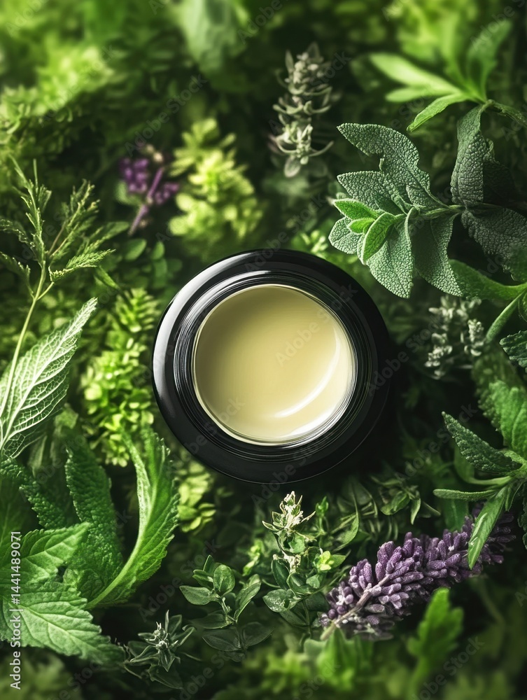 Close up of natural cream in black jar surrounded by fresh herbs and plants in a lush green background, shot from above in soft natural lighting for wellness and beauty