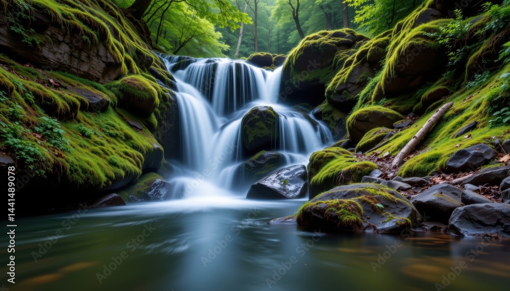 Serene Waterfall Cascading Through Mossy Rocks in Lush Green Forest Serene Waterfall Cascading Through Mossy Rocks in Lush Green Forest