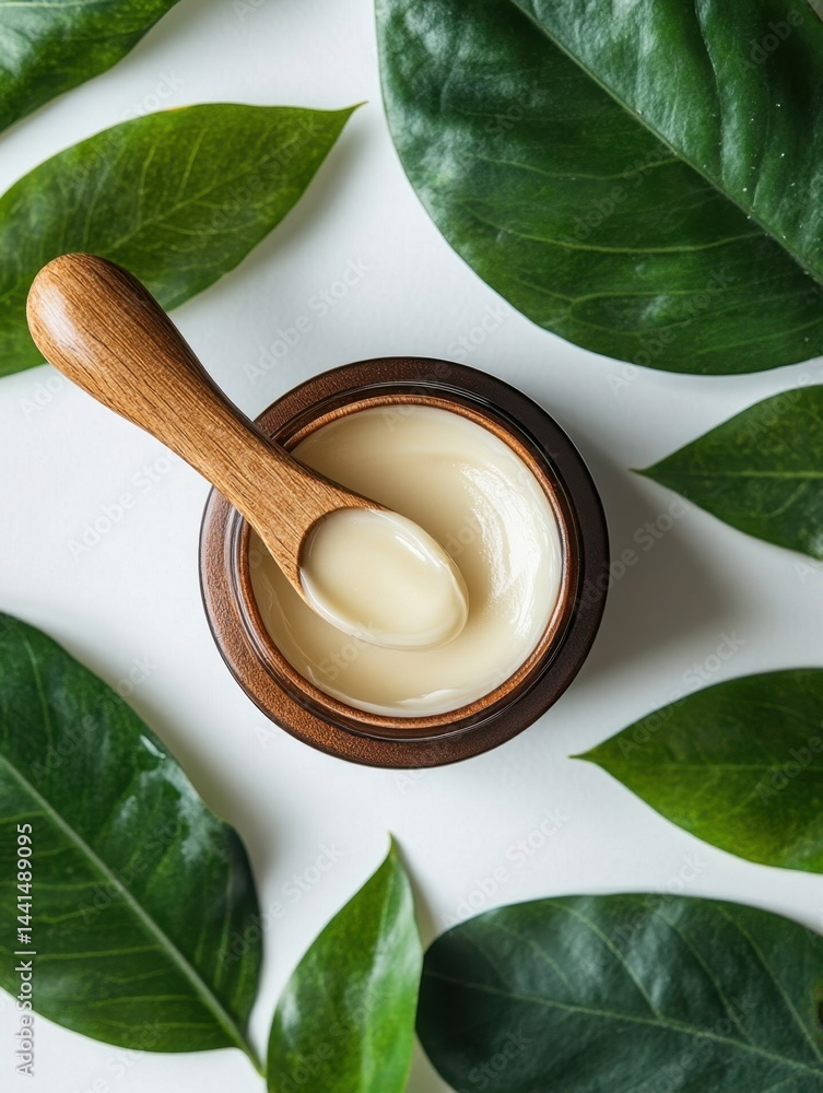 Top view of organic cream in jar with wooden spoon surrounded by fresh green leaves on white background for natural skincare and wellness concept