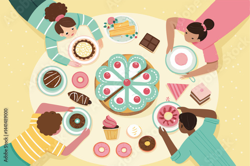 Overhead vector illustration of four diverse friends joyfully sharing slices of delicious cake and other desserts.