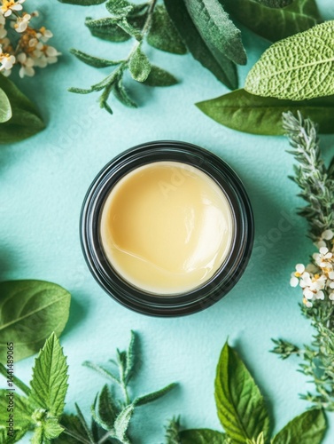Obraz na płótnie Natural cream in jar with fresh herbs and flowers on light blue background for skincare and wellness concept flat lay top view organic beauty product photography w salonie