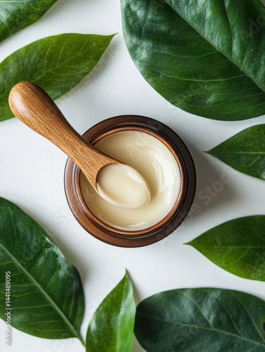 Top view of organic cream in jar with wooden spoon surrounded by fresh green leaves on white background for natural skincare and wellness concept