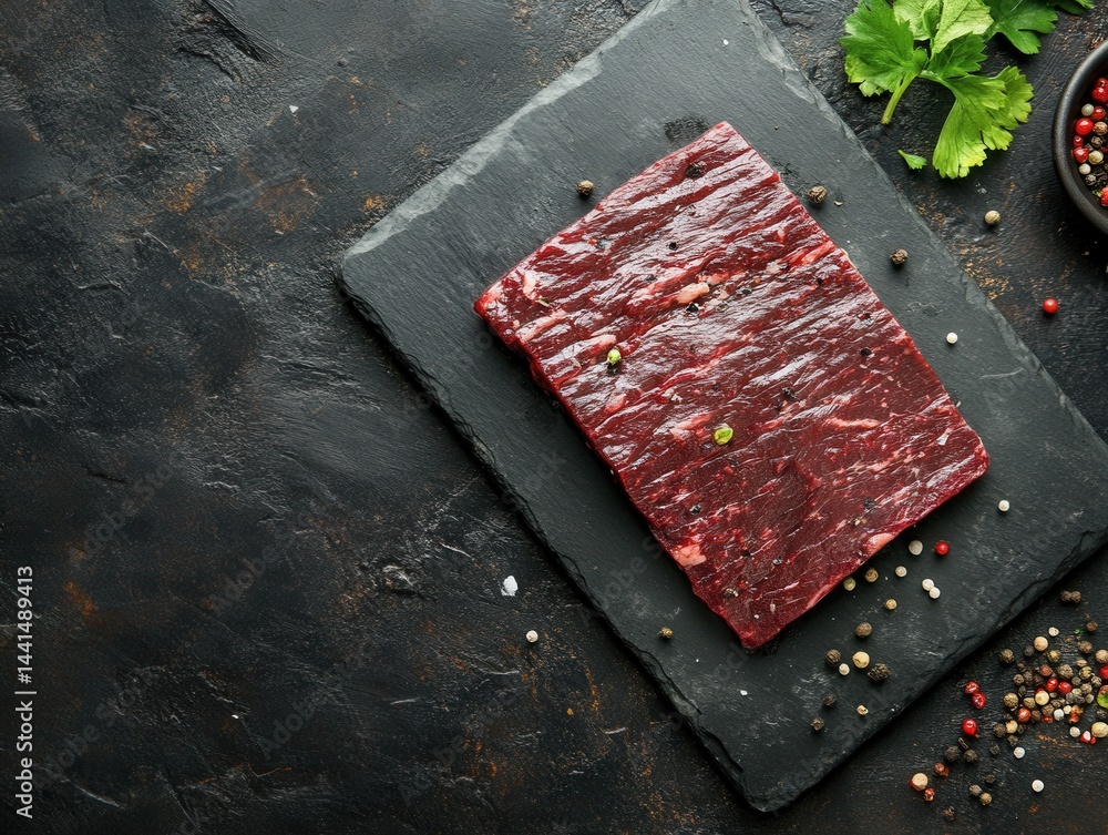 Raw flank steak on black slate with peppercorns and parsley rustic dark background culinary photography food styling preparation gourmet cuisine fresh ingredient