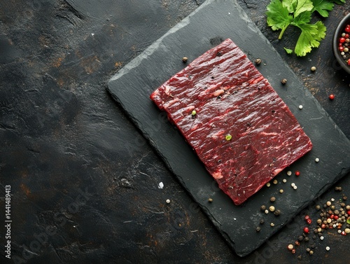 Raw flank steak on black slate with peppercorns and parsley rustic dark background culinary photography food styling preparation gourmet cuisine fresh ingredient