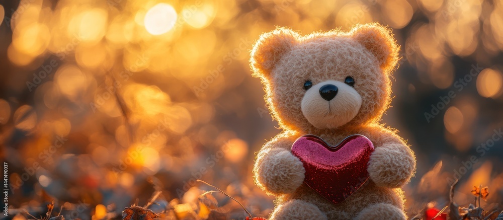 Fototapeta premium Teddy bear holding heart, sunset autumn leaves