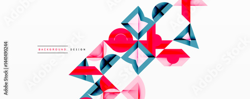 Abstract geometric shapes overlap, creating dynamic composition. Pink, blue, gray tones dominate minimalist design. Clean lines define forms.