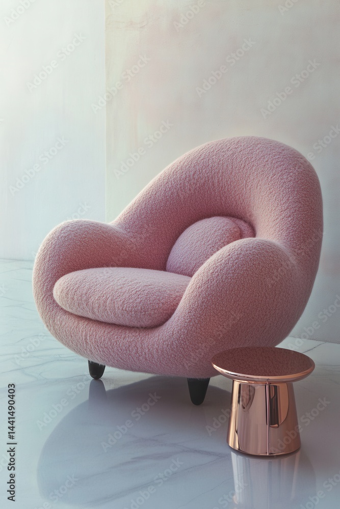 Soft pink armchair with fluffy texture and a copper side table on a marble floor in a bright room, creating a cozy and modern interior design scene