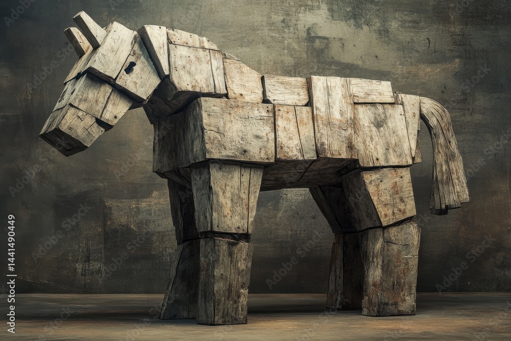 Rustic Wooden Horse Sculpture Against a Textured Dark Backdrop Evoking Ancient Myth and Architectural Design with Low Angle and Dramatic Lighting