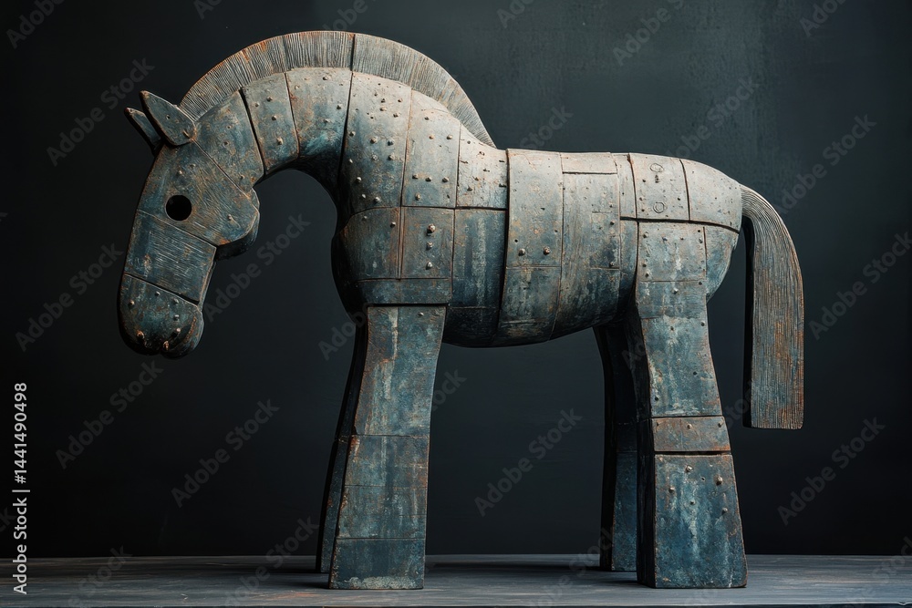 Captivating Wooden Horse Sculpture in Studio Setting with Dark Background and Side Angle Showcasing Rustic Texture and Artistic Craftsmanship for Stock Photography