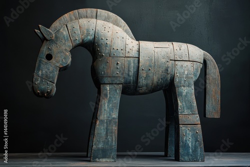 Obraz na płótnie Captivating Wooden Horse Sculpture in Studio Setting with Dark Background and Side Angle Showcasing Rustic Texture and Artistic Craftsmanship for Stock Photography w salonie