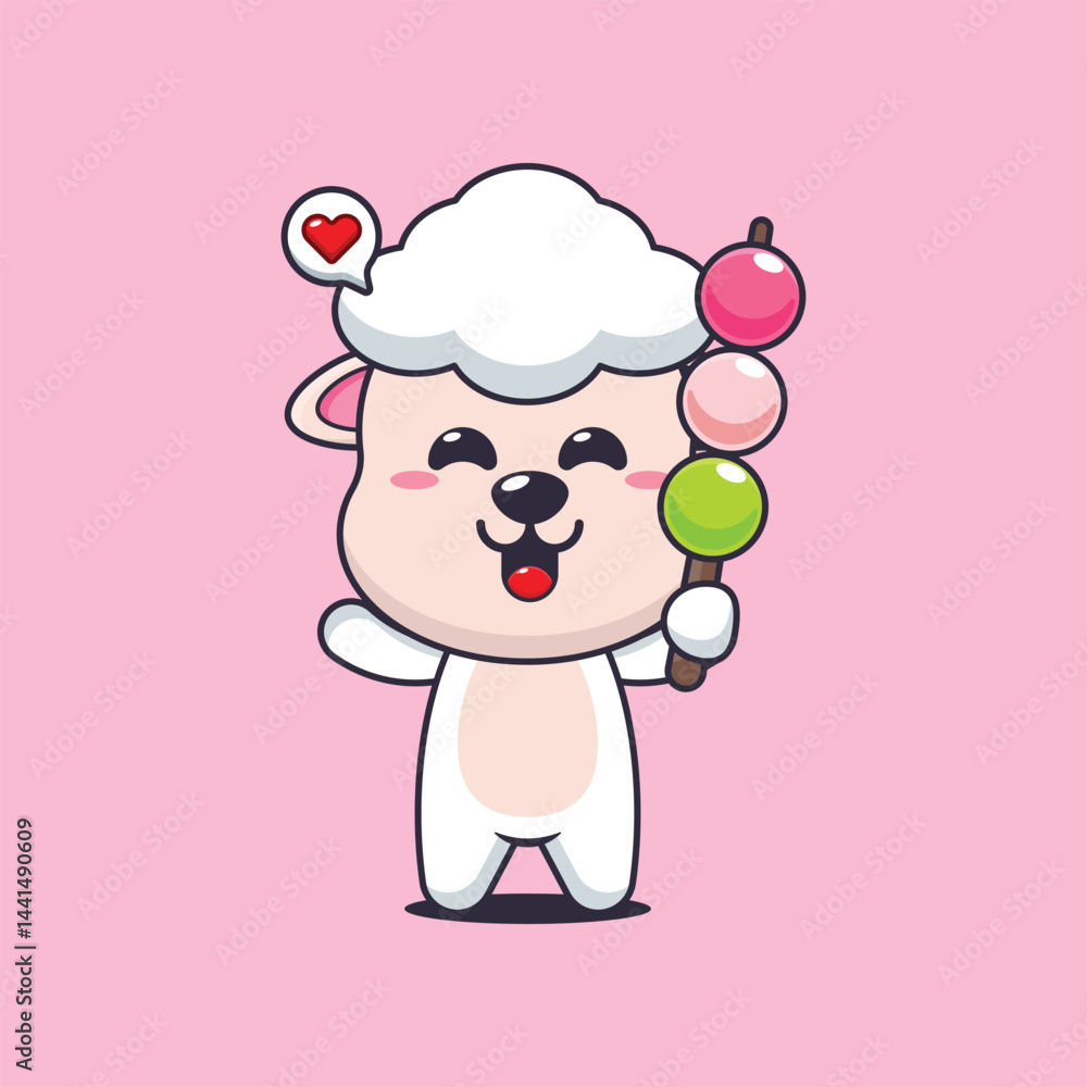 Fototapeta premium Cute sheep cartoon vector illustration eating dango