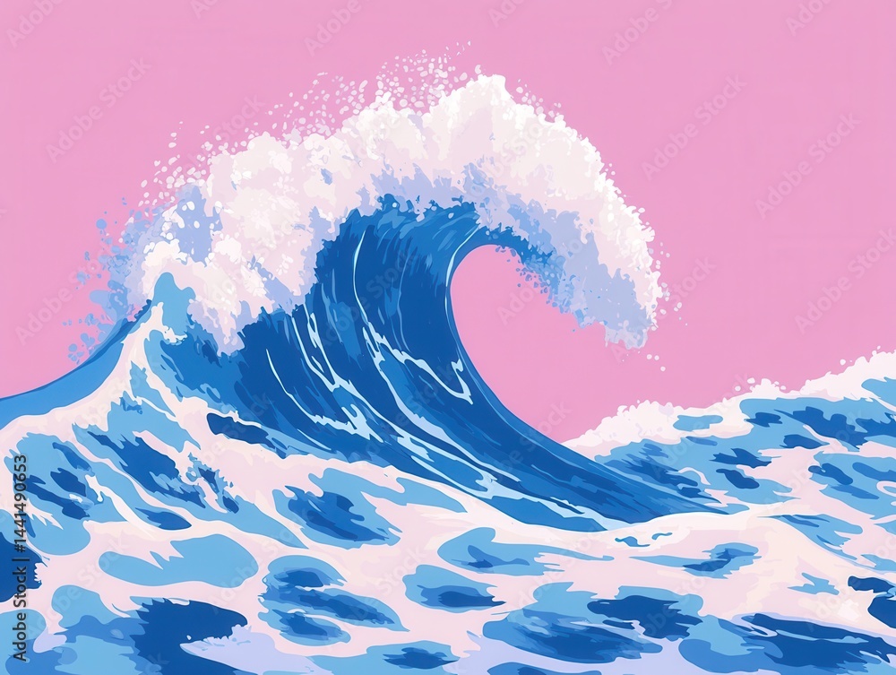 Artistic ocean wave illustration with a pink background showcasing stylized sea and surf in a modern graphical representation evoking calm and vibrant energy
