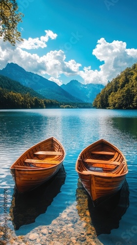 Obraz na płótnie Serene lake scene featuring two wooden rowboats with mountains and clouds in the background calm water and peaceful atmosphere scenic view w salonie