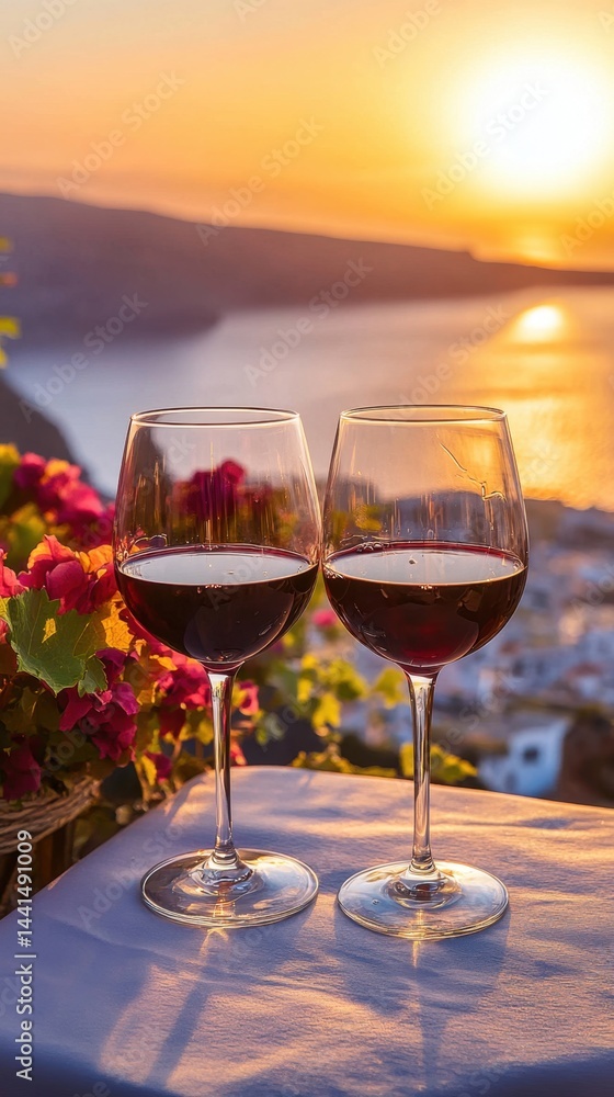 Captivating sunset view in Santorini with two glasses of red wine creating a romantic and serene atmosphere perfect for a relaxing vacation getaway