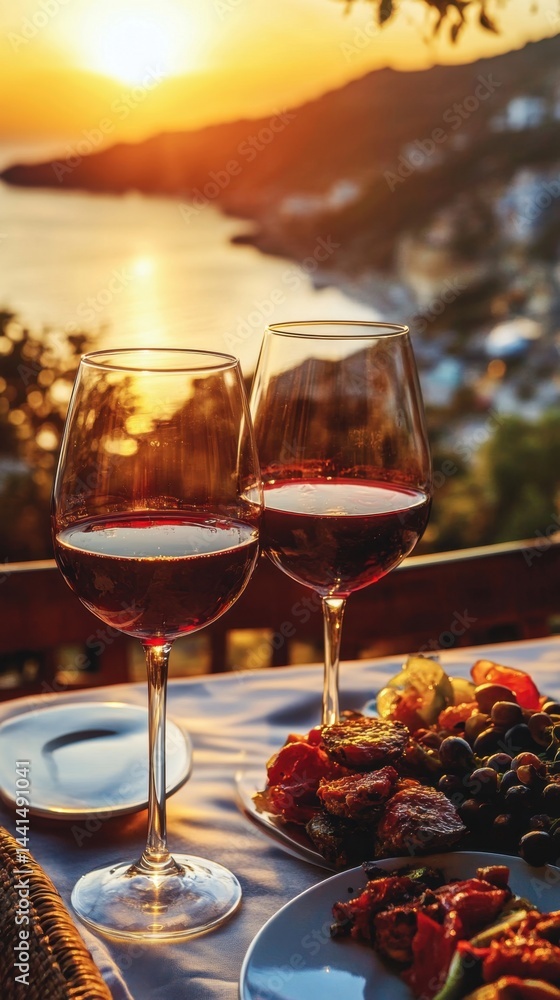Romantic sunset dinner with red wine glasses and delicious food overlooking the sea at dusk creating a warm and inviting atmosphere for a perfect evening getaway