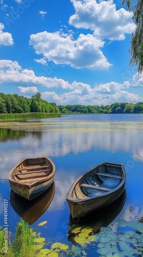 Obraz na płótnie Serene lake scene with two rustic rowboats reflecting the blue sky and puffy clouds surrounded by lush greenery creating a peaceful and inviting atmosphere for nature lovers w salonie