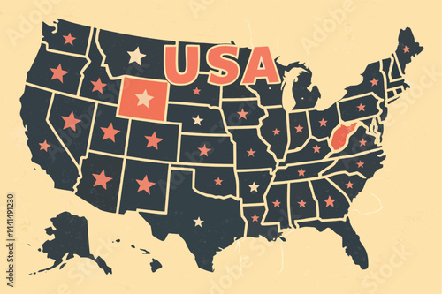 Create a retro-style, flat, minimalist map of the USA, clearly displaying all 50 state names in a legible font.  Use a muted color palette.