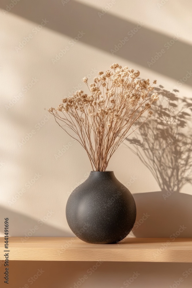 Serene still life of dried flowers in a dark vase on a wooden shelf against a beige wall with soft shadows creating a minimalist and calming atmosphere in warm light