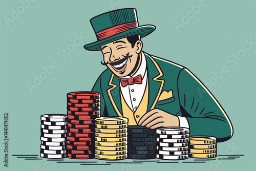 A wealthy, gleeful gambler with a wide grin confidently stacks a large pile of colorful casino chips.  Bold, close-up shot.