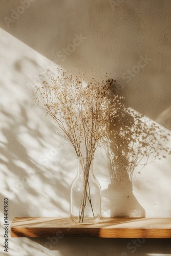 Obraz na płótnie Serene composition of dried flowers in glass vase casting soft shadows on textured wall creating a calming neutral aesthetic on wooden shelf w salonie