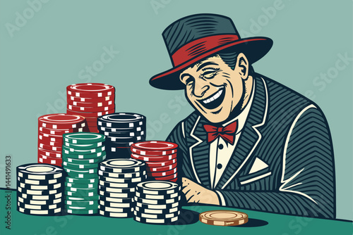 A wealthy, gleeful gambler with a wide, bold grin confidently stacks a large pile of casino chips.  Image should be vibrant and high-resolution.
