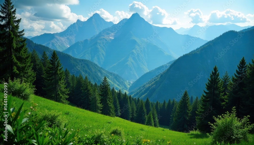 Fototapeta premium Lush green forest, majestic mountain backdrop, leaves, wildlife