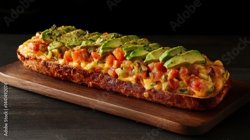 Obraz na płótnie Delicious avocado toast with melted cheddar cheese and fresh tomato on wooden board gourmet cuisine capturing the essence of culinary artistry and healthy eating w salonie