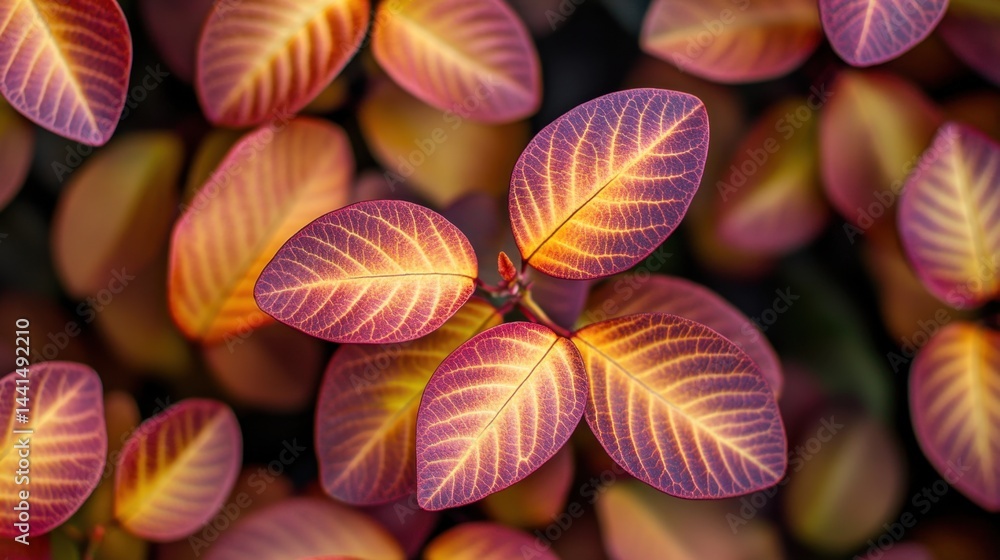 Autumnal Smoke Bush Leaves Displaying Vibrant Colors from Above in a Natural Outdoor Setting Close Up with a Dark Background and a High Angle View