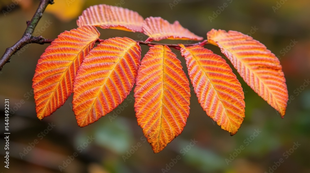 Autumnal elm leaves vibrant orange and red hues against a soft blurred background capturing the essence of fall foliage in a natural setting with a close up perspective