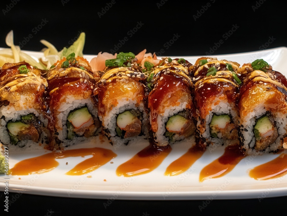 Delicious sushi rolls with eel sauce and sesame seeds on a white plate against a dark background showcasing culinary artistry and tempting flavors in a restaurant setting