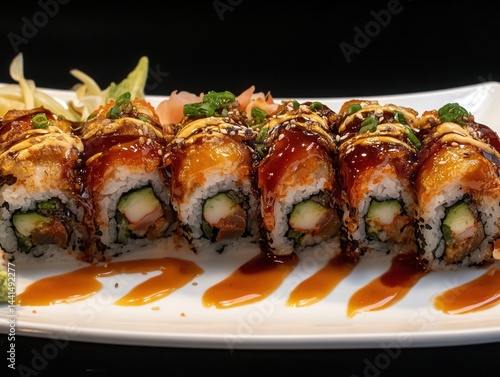 Delicious sushi rolls with eel sauce and sesame seeds on a white plate against a dark background showcasing culinary artistry and tempting flavors in a restaurant setting
