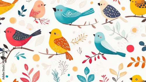 Obraz na płótnie Cheerful bird pattern with vibrant colors and whimsical leaves on a white background creating a playful and charming design perfect for various creative projects w salonie