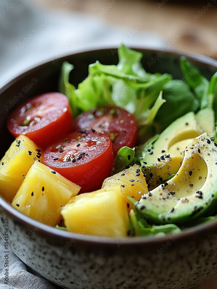 Vibrant salad with pineapple avocado tomatoes and lettuce in a rustic bowl showcasing fresh ingredients healthy eating and a close up shot