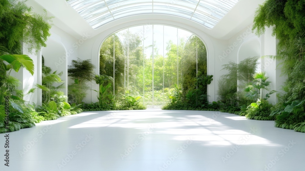 Fototapeta premium An empty modern white hall features a glass arched ceiling and lush green plants.